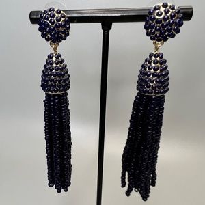 Navy Blue Beaded Tassel Earrings